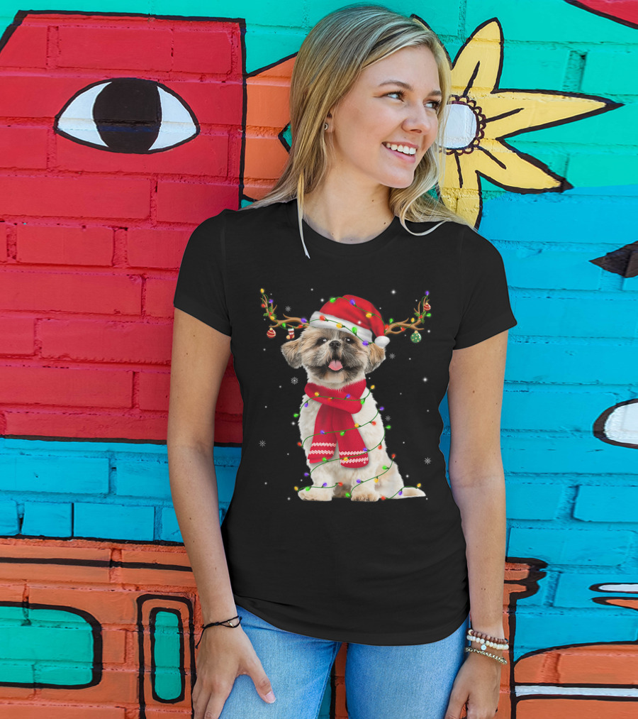 Shih Tzu Christmas Reindeer Antlers Red Scarf Santa Hat Festive Lights T-Shirt