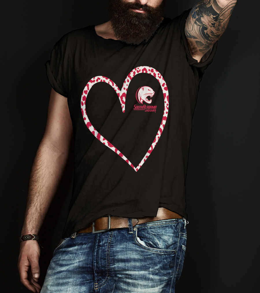 South Alabama Jaguars Leopard Print Heart T-Shirt