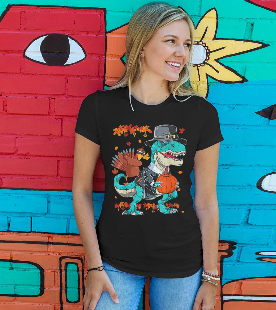 Thanksgiving Pilgrim T-Rex Dinosaur Dabbing Turkey With Pumpkin And Autumn Leaves T-Shirt