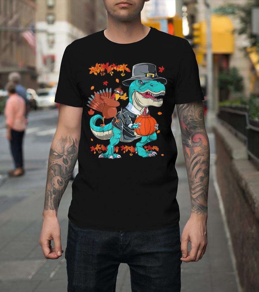 Thanksgiving Pilgrim T-Rex Dinosaur Dabbing Turkey With Pumpkin And Autumn Leaves T-Shirt