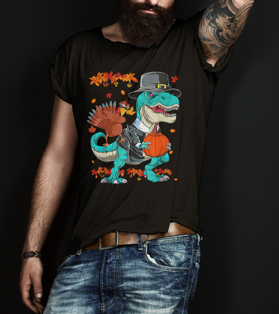 Thanksgiving Pilgrim T-Rex Dinosaur Dabbing Turkey With Pumpkin And Autumn Leaves T-Shirt