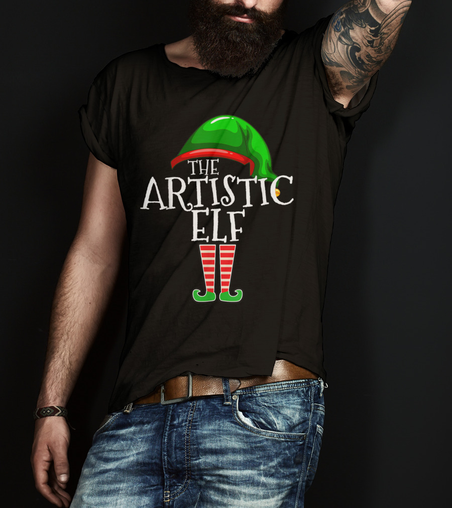 The Artistic Elf Green Hat Red Striped Socks T-Shirt