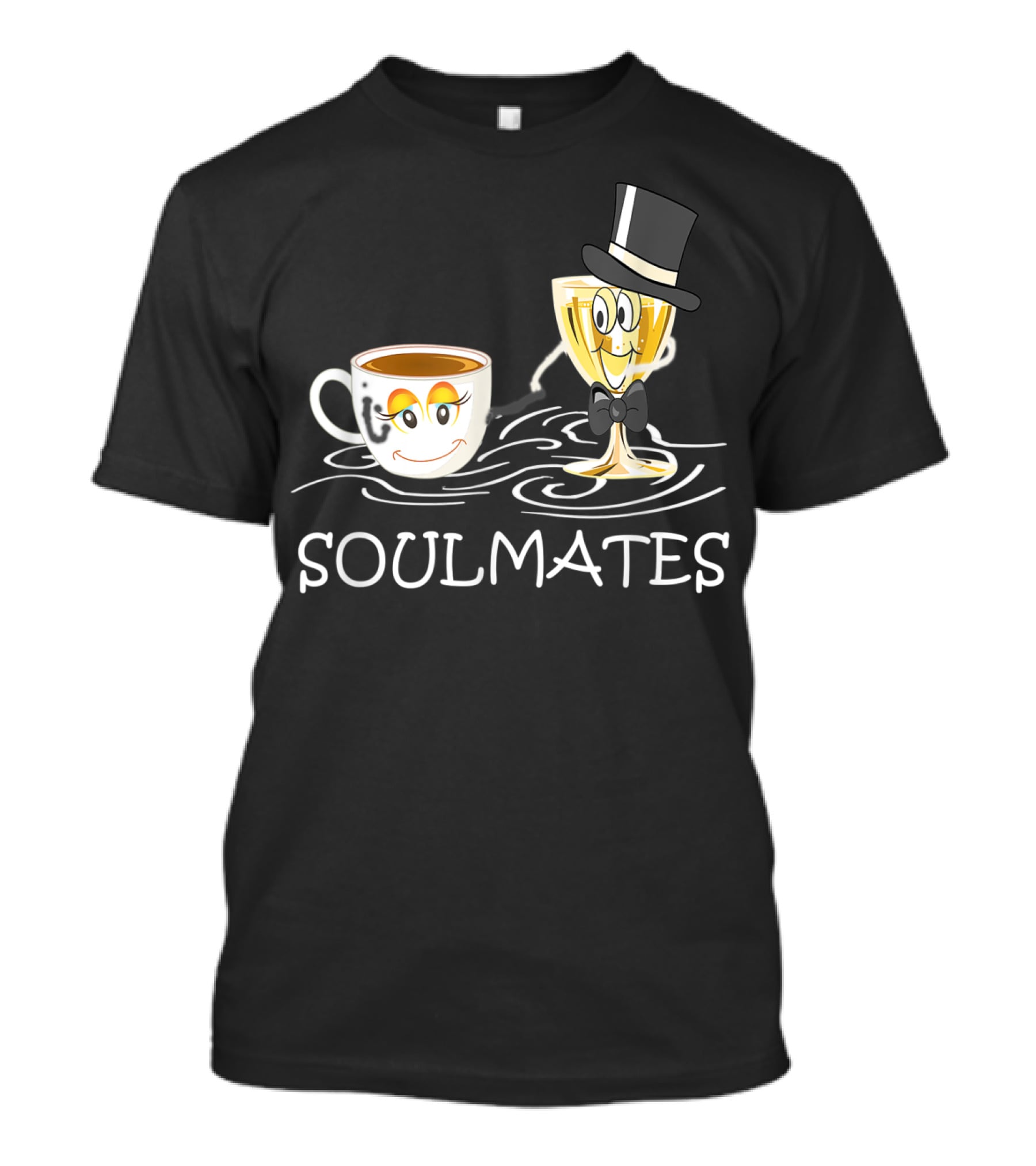 Funny Wine And Coffee Soulmates With Smiling Cup And Glass In Love T-Shirt