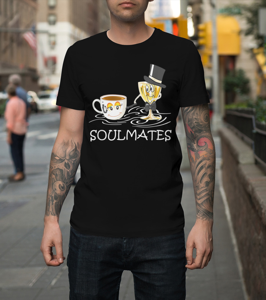 Funny Wine And Coffee Soulmates With Smiling Cup And Glass In Love T-Shirt