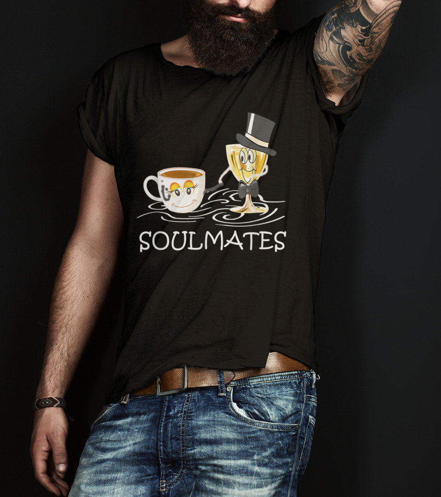 Funny Wine And Coffee Soulmates With Smiling Cup And Glass In Love T-Shirt