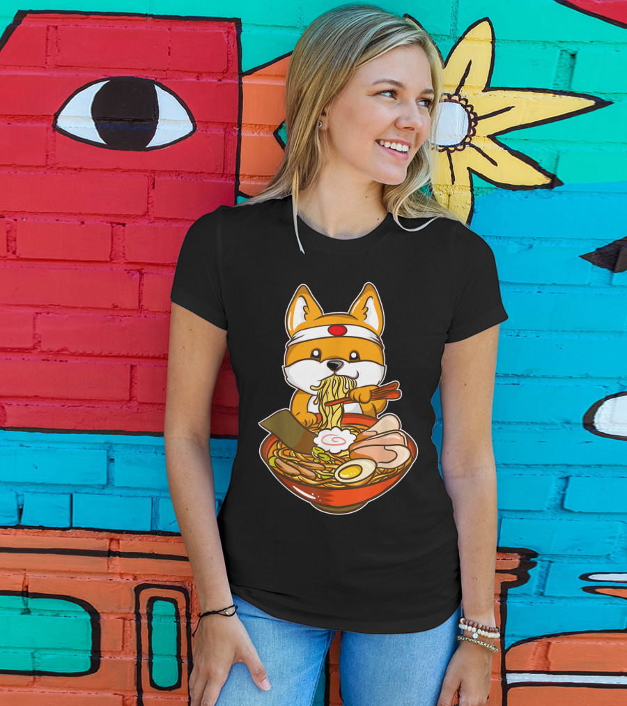 Kawaii Japanese Anime Shiba Inu Enjoying Ramen Bowl T-Shirt