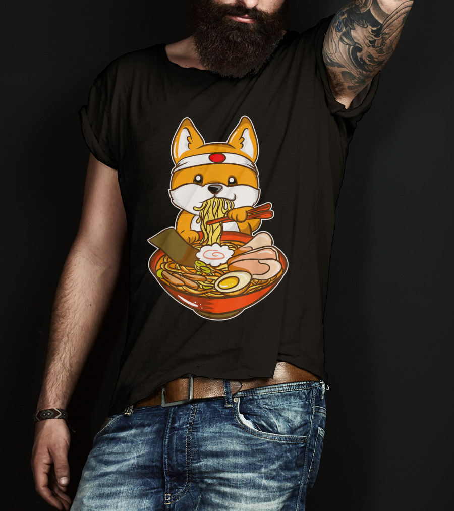 Kawaii Japanese Anime Shiba Inu Enjoying Ramen Bowl T-Shirt