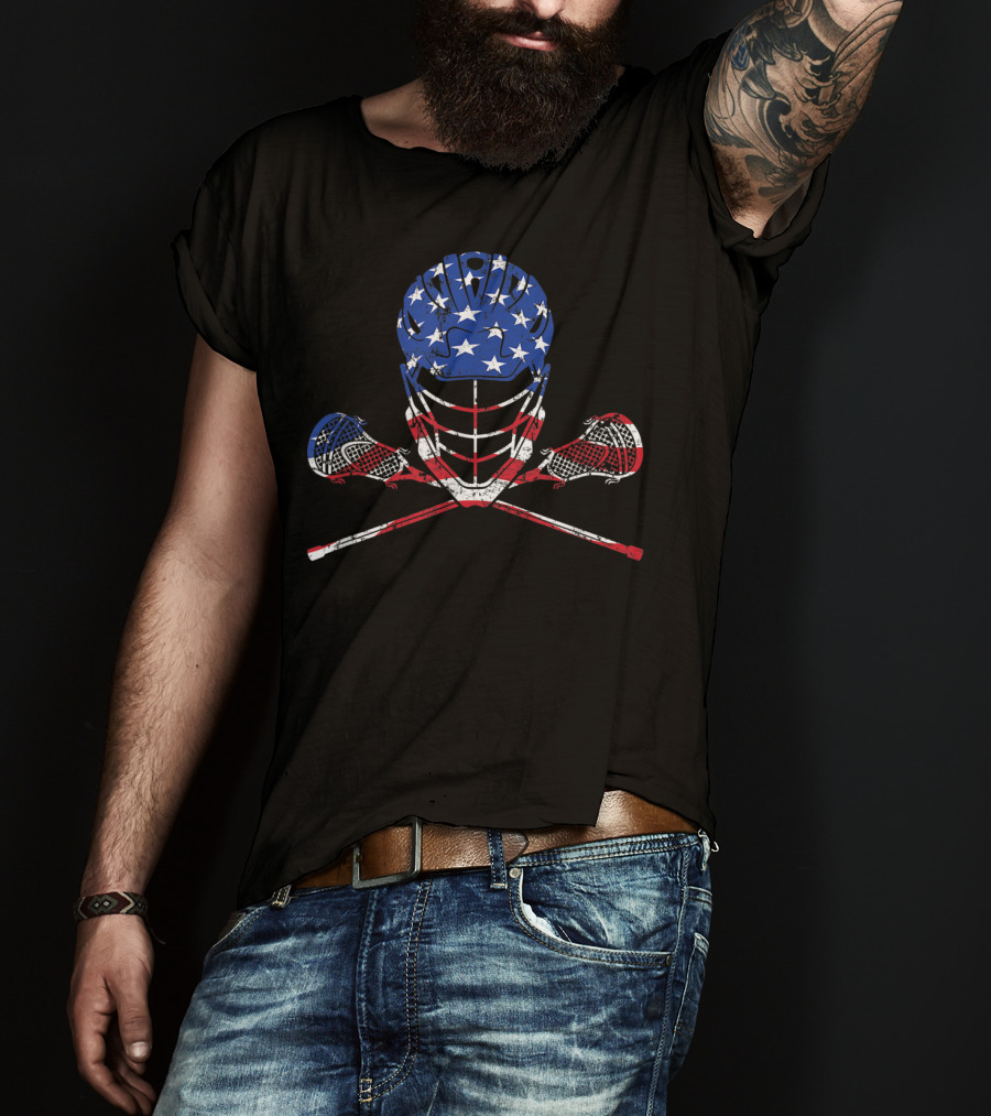 American Flag Lax Helmet And Sticks Lacrosse T-Shirt