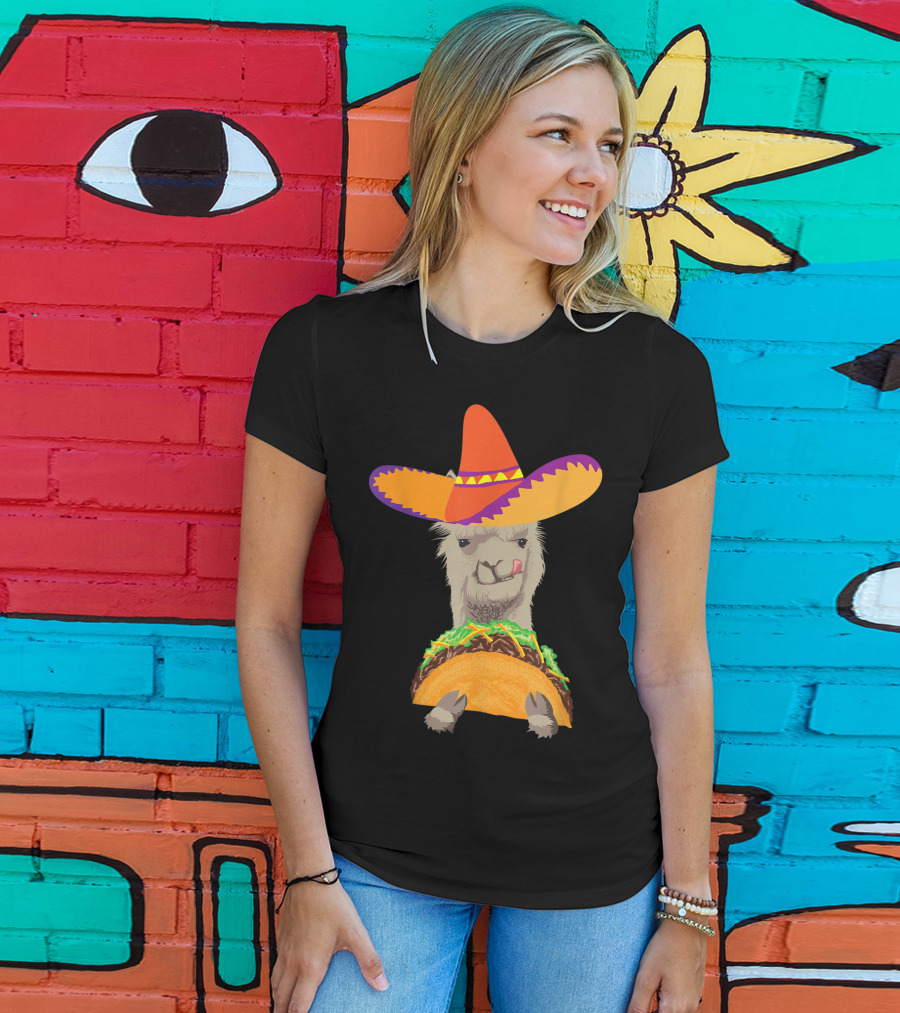 Llama Eating Taco With Sombrero Cool Mexican Alpaca T-Shirt