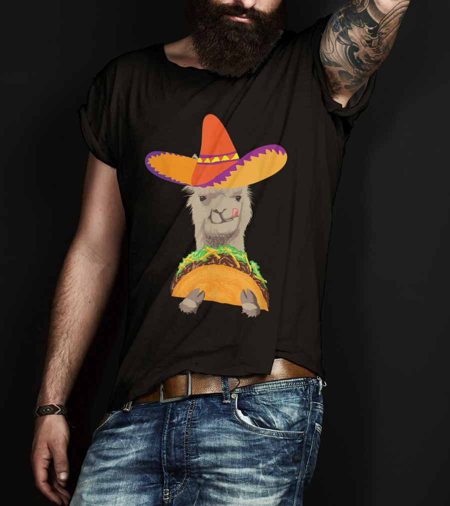 Llama Eating Taco With Sombrero Cool Mexican Alpaca T-Shirt