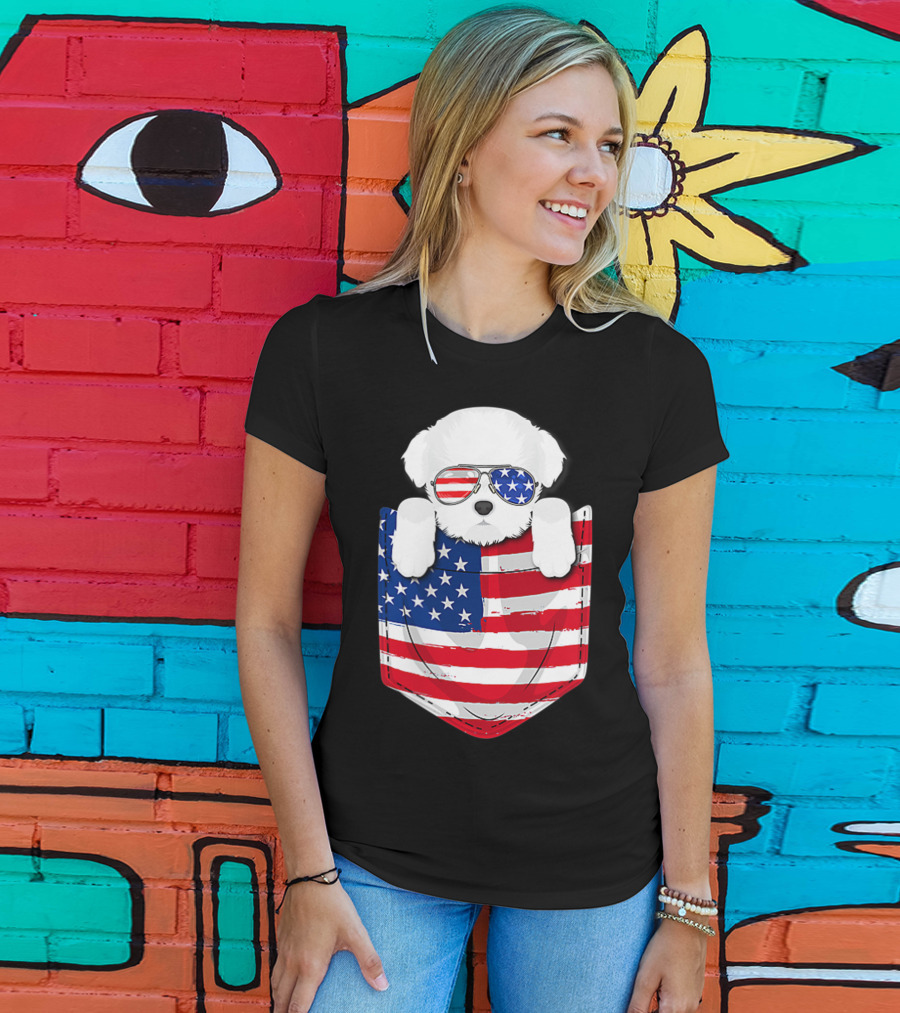 Maltese Dog Peeking Pocket American Flag Sunglasses T-Shirt