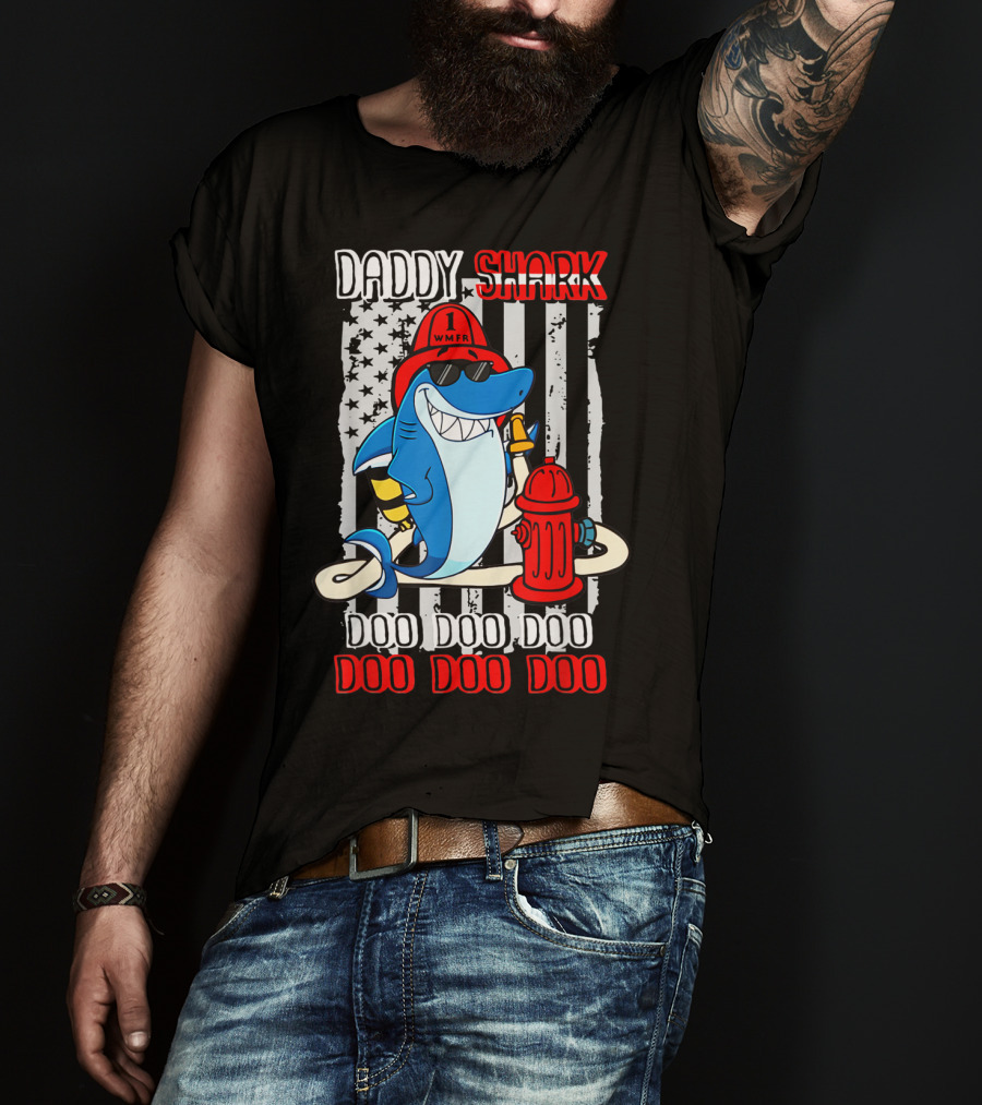 Daddy Shark Firefighter Doo Doo Doo WMFR American Flag T-Shirt