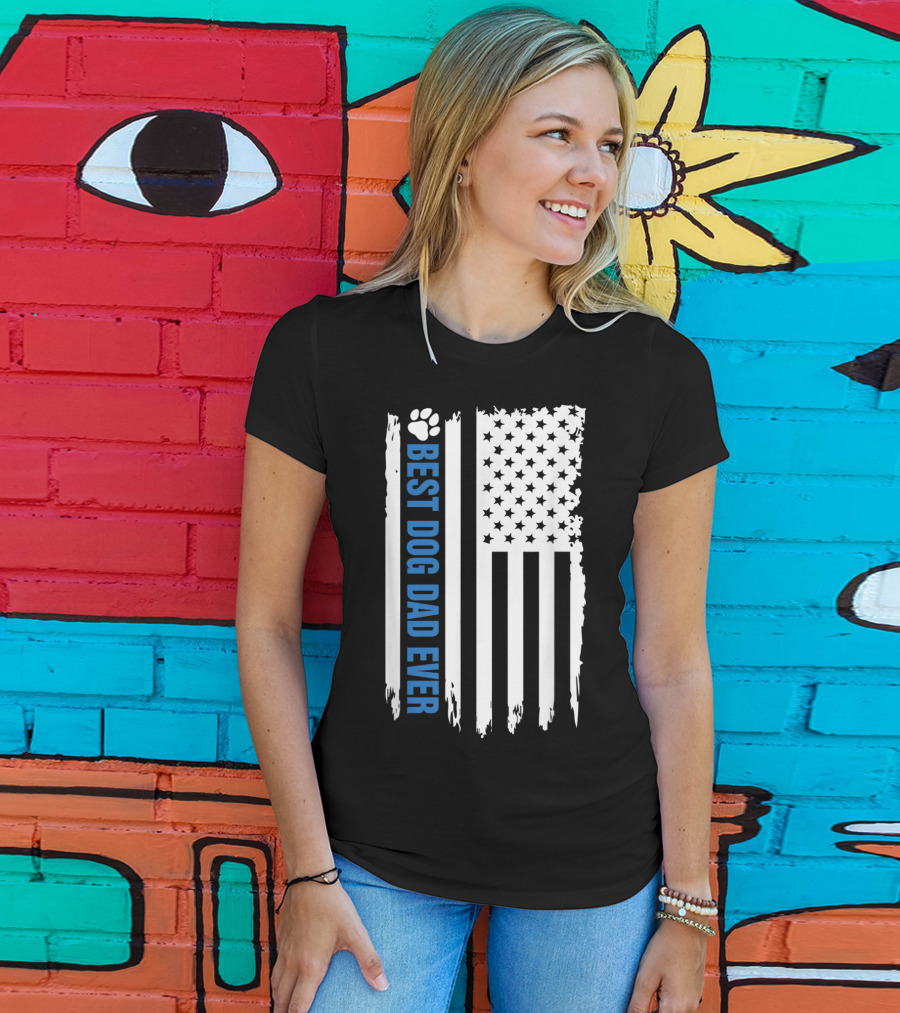 Best Dog Dad Ever Paw Print American Flag T-Shirt