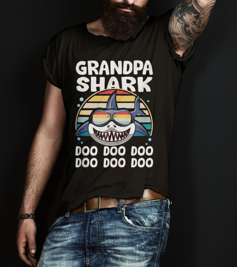 Grandpa Shark Doo Doo Doo Retro Style With Sunglasses T-Shirt