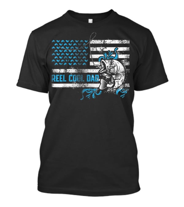 Reel Cool Dad Father's Day Fishing Funny Fisherman With American Flag And Cartoon Fish T-Shirt