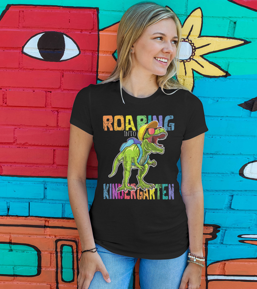 Roaring Into Kindergarten Dinosaur Rex With Backpack And Sunglasses T-Shirt