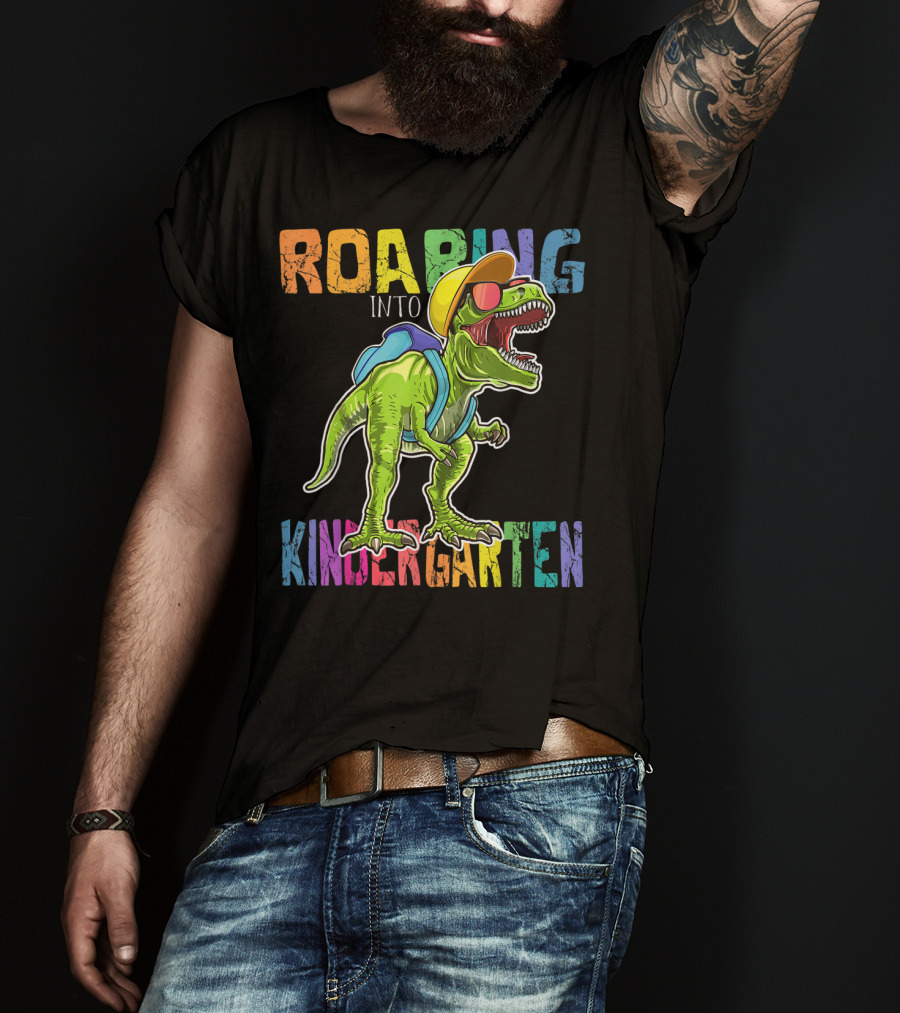 Roaring Into Kindergarten Dinosaur Rex With Backpack And Sunglasses T-Shirt