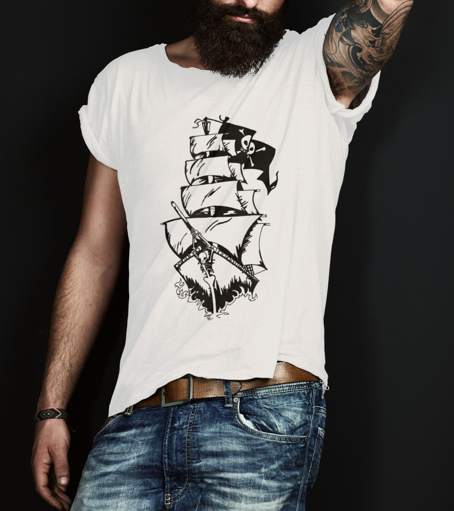 Pirate Ship With Jolly Roger Flag And Skeleton Captain T-Shirt