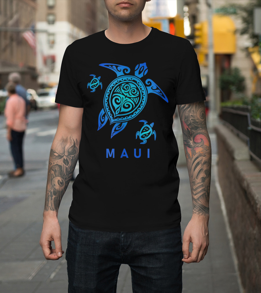 Maui Hawaii Blue Tribal Turtle T-Shirt