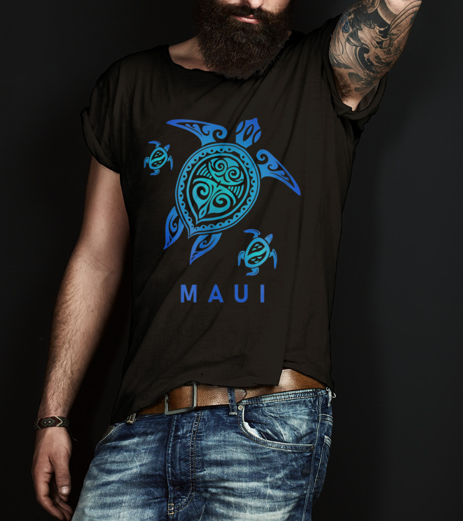 Maui Hawaii Blue Tribal Turtle T-Shirt