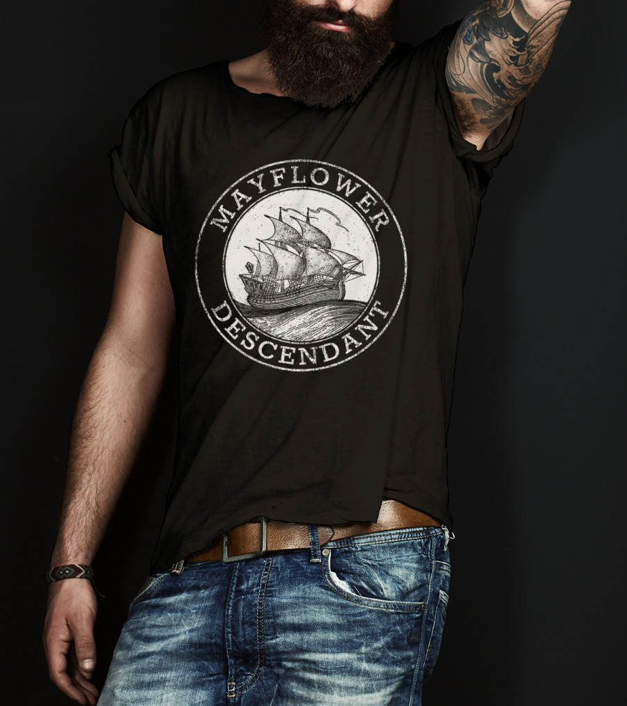 Mayflower Descendant 1620 Vintage Illustration Pre Ship Emblem T-Shirt