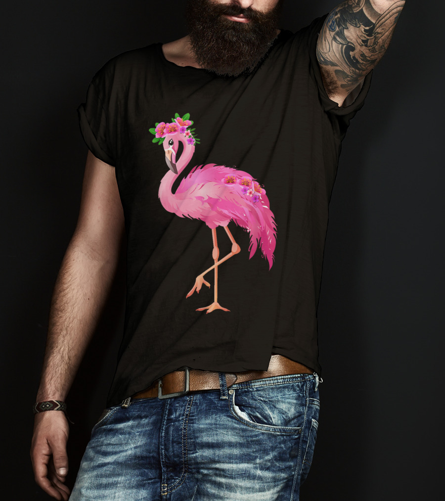 Pink Flamingo With Watercolor Hawaiian Flower Crown And Feathers T-Shirt