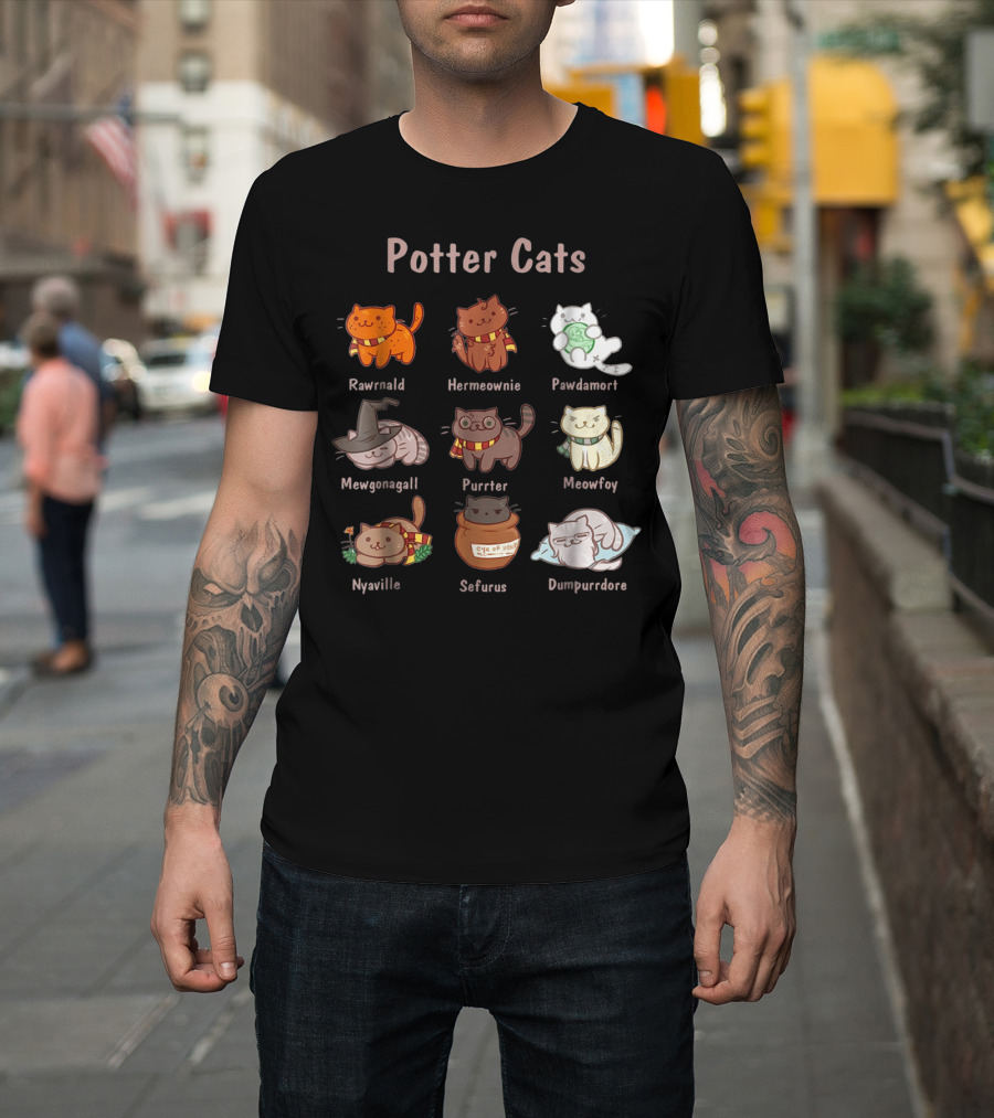 Potter Cats Rawrnald Hermeownie Pawdamort Mewgonagall Purrter Meowfoy Nyaville Sefurus Dumpurrdore Funny Cat Lovers T-Shirt