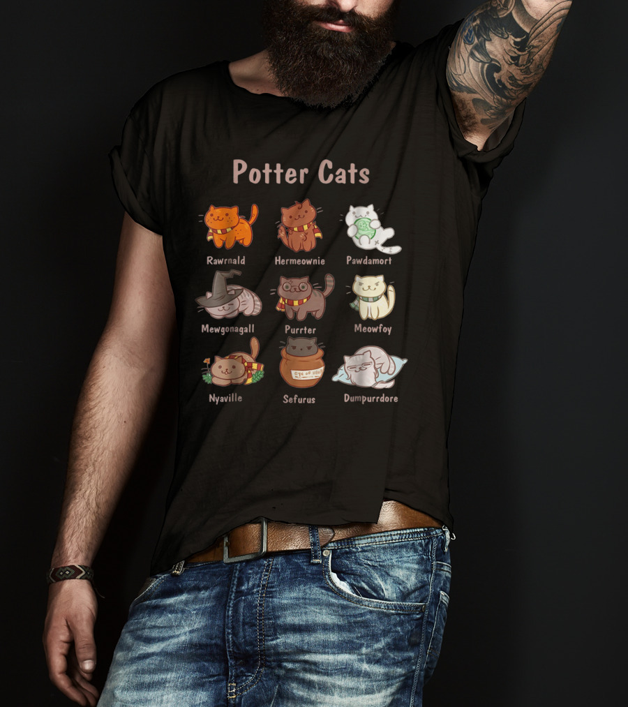 Potter Cats Rawrnald Hermeownie Pawdamort Mewgonagall Purrter Meowfoy Nyaville Sefurus Dumpurrdore Funny Cat Lovers T-Shirt