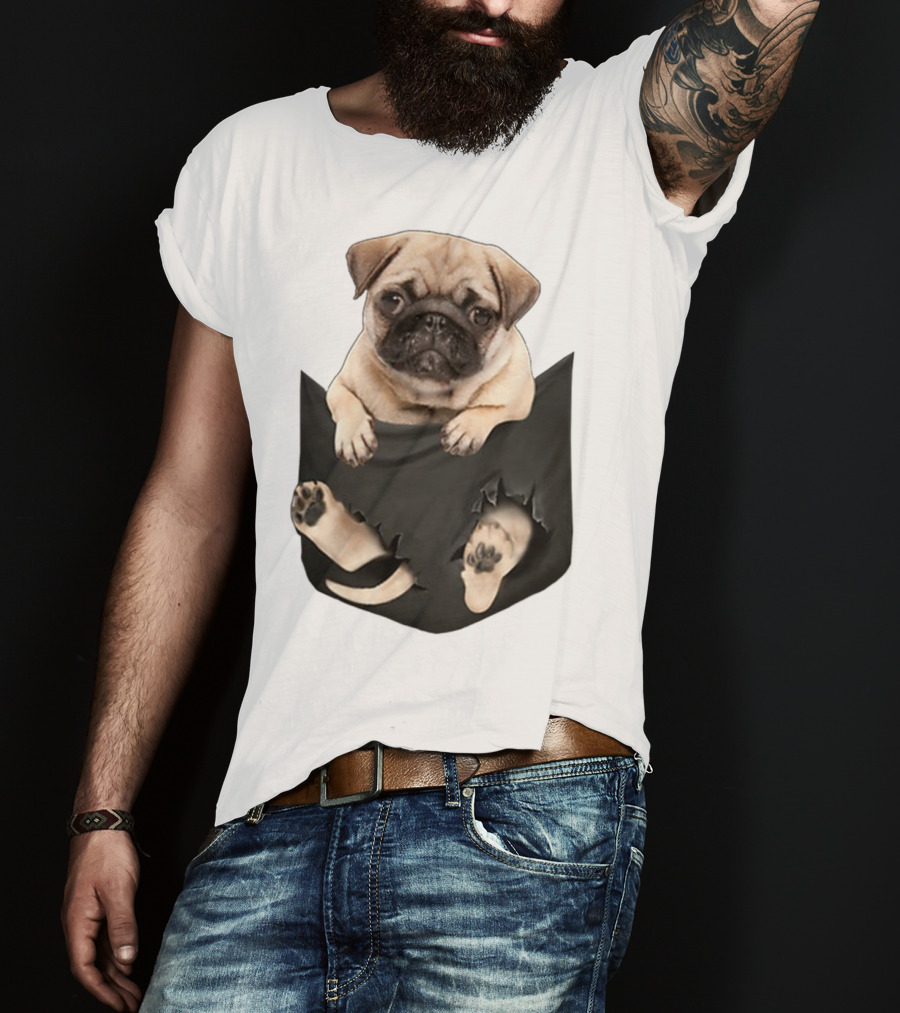 Pug Peeking Out Of Pocket With Paws Poking Through T-Shirt