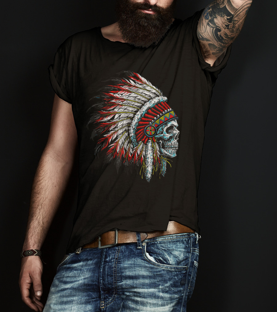 Skull Native Indian Chief Eagle Feather Headdress Vintage American T-Shirt