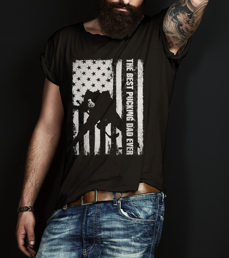 The Best Pucking Dad Ever Flag Hockey Silhouette Stars Stripes T-Shirt