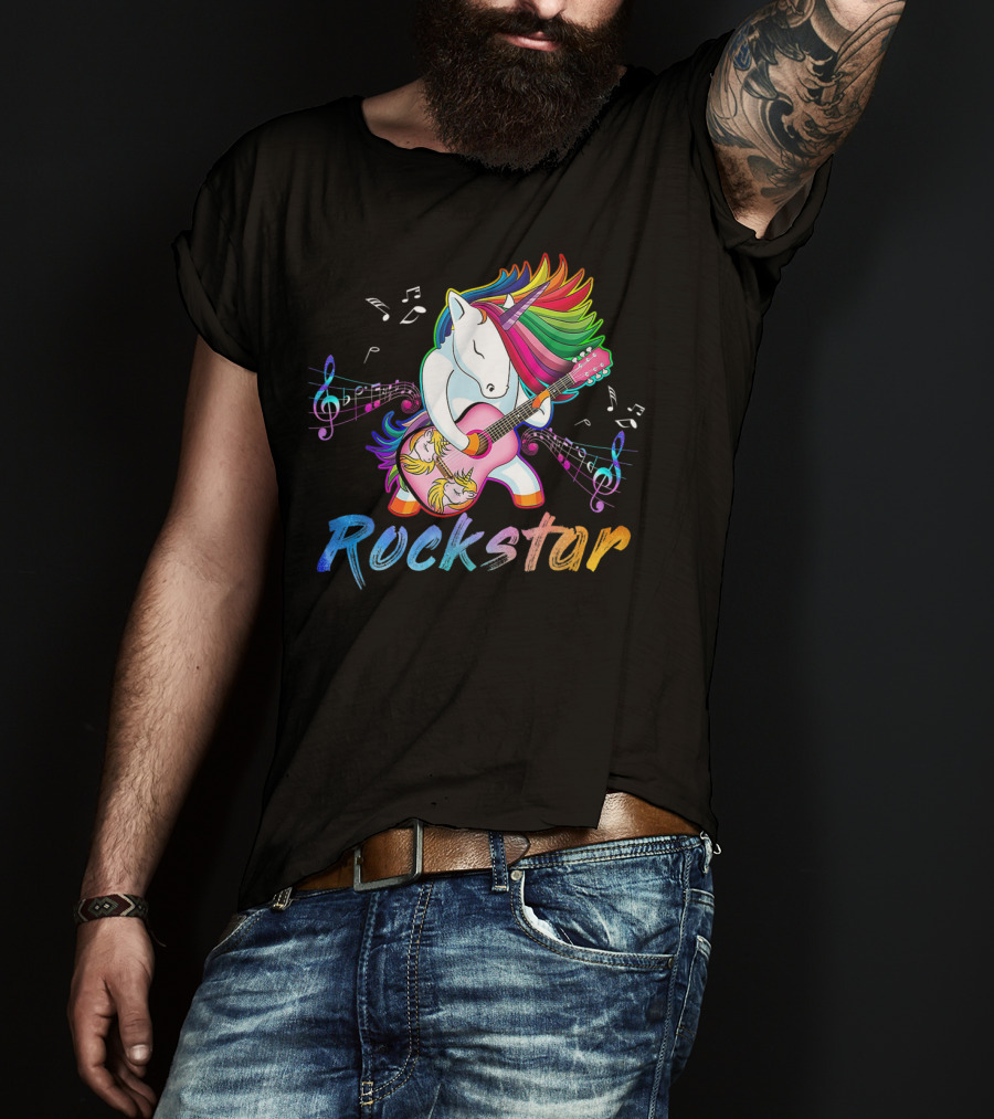 Unicorn Rockstar Rainbow Guitar Music Notes T-Shirt