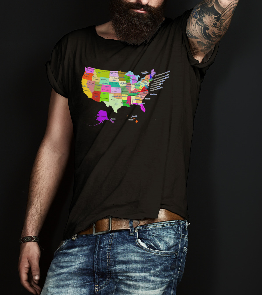 USA Map Displaying States And Capital Cities In Vibrant Colors T-Shirt
