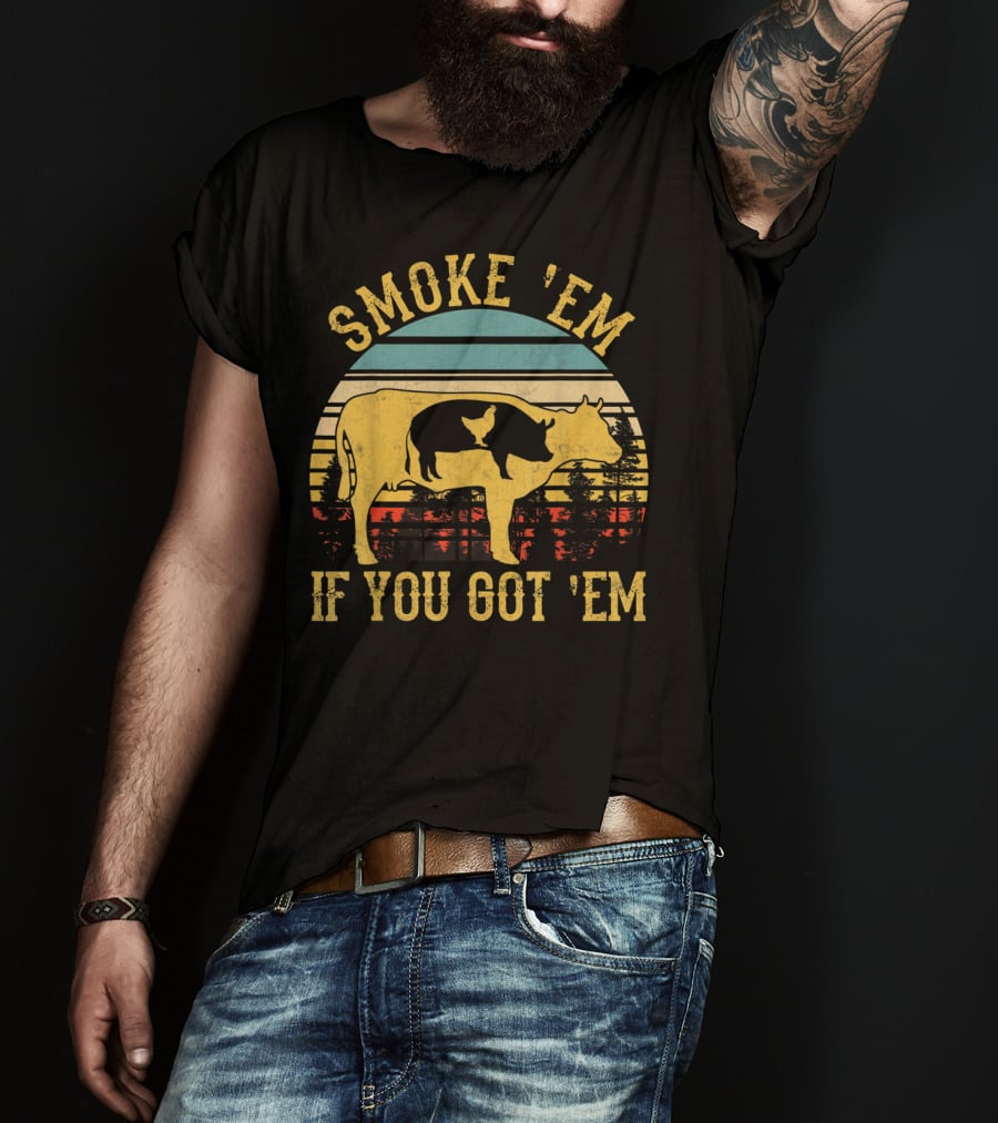 Smoke 'Em If You Got 'Em Vintage BBQ Grilling Cow Silhouette Retro Sunset T-Shirt