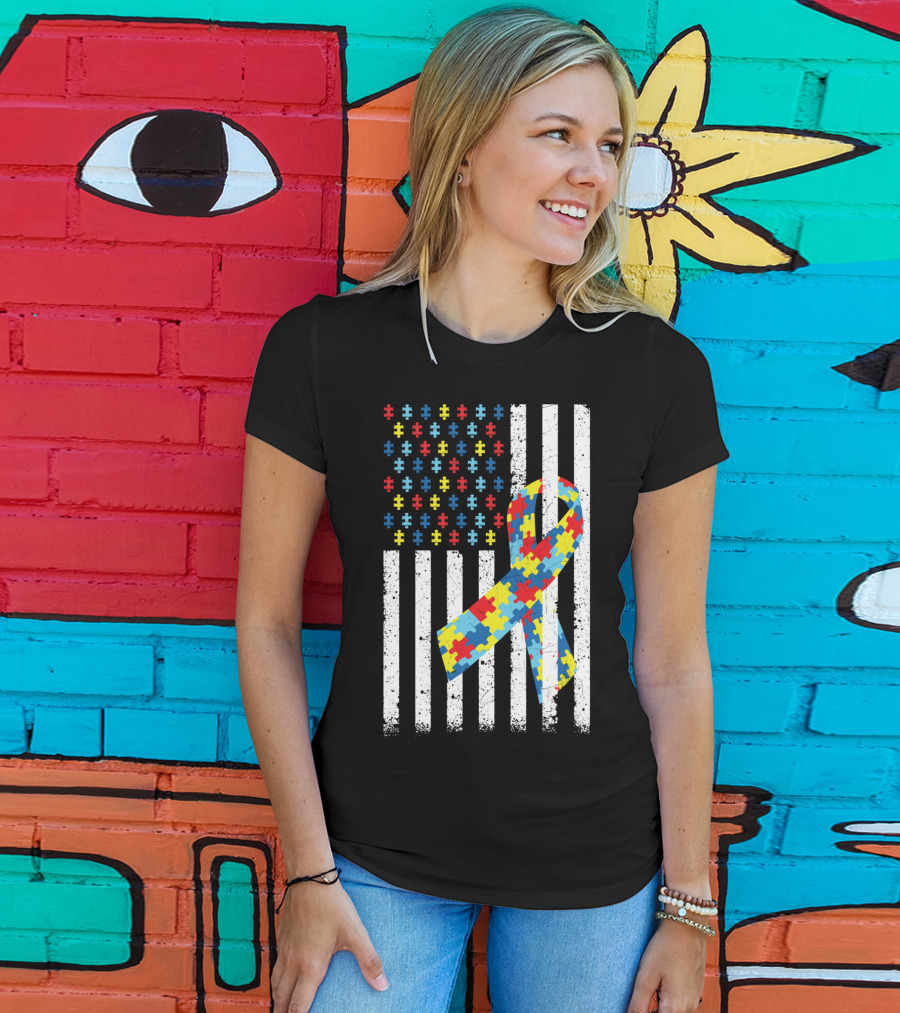 American Flag Jigsaw Puzzle Ribbon Autism Awareness T-Shirt