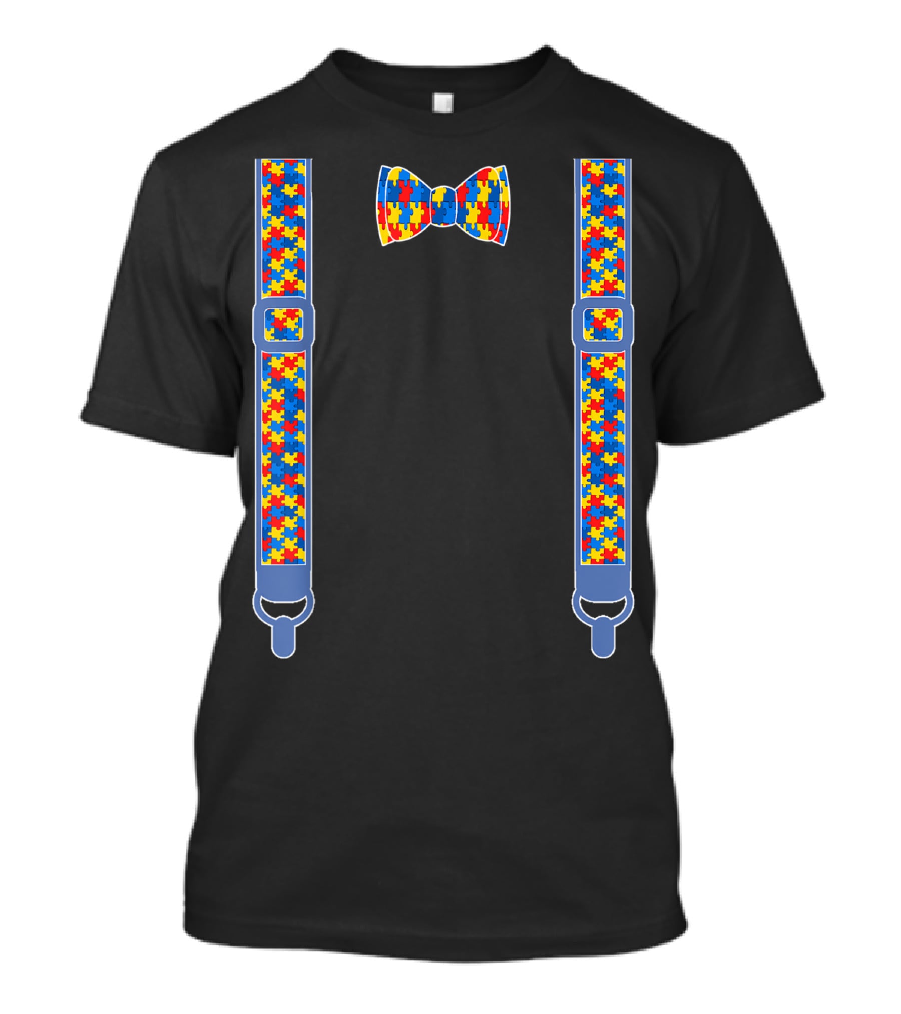 Autism Awareness Puzzle Piece Bow Tie And Suspenders T-Shirt