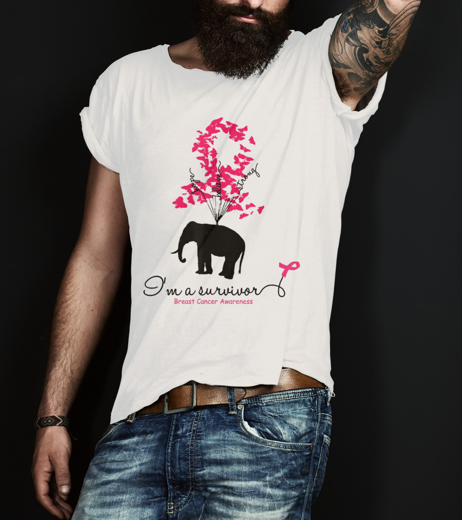 I'm A Survivor Breast Cancer Awareness Pink Ribbon Butterfly Elephant T-Shirt