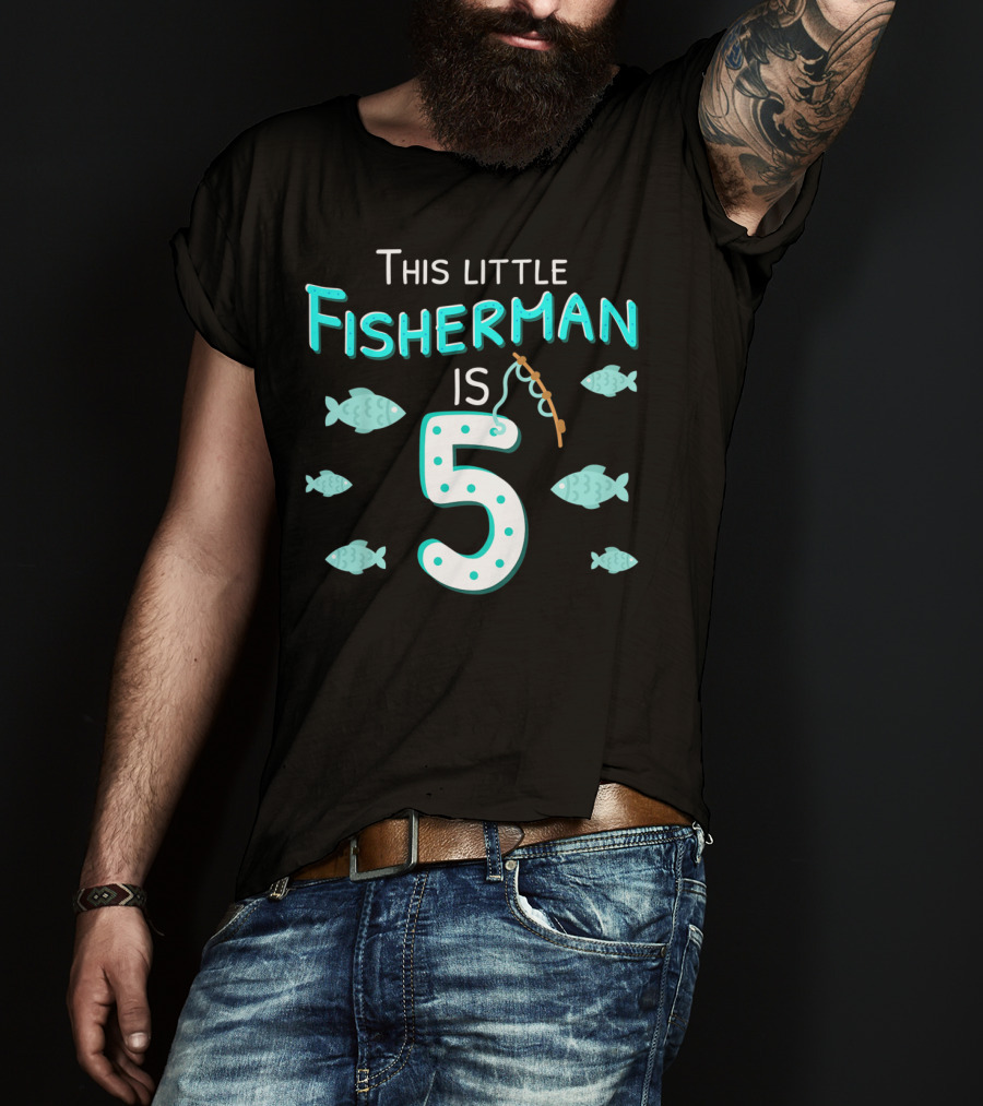 This Little Fisherman Is 5 Fishing Birthday Boys 5th T-Shirt