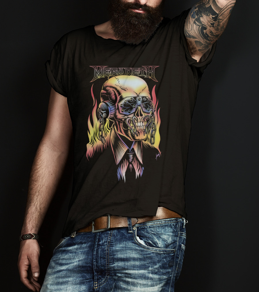 Megadeth Vic Rattlehead Flames Skull T-Shirt