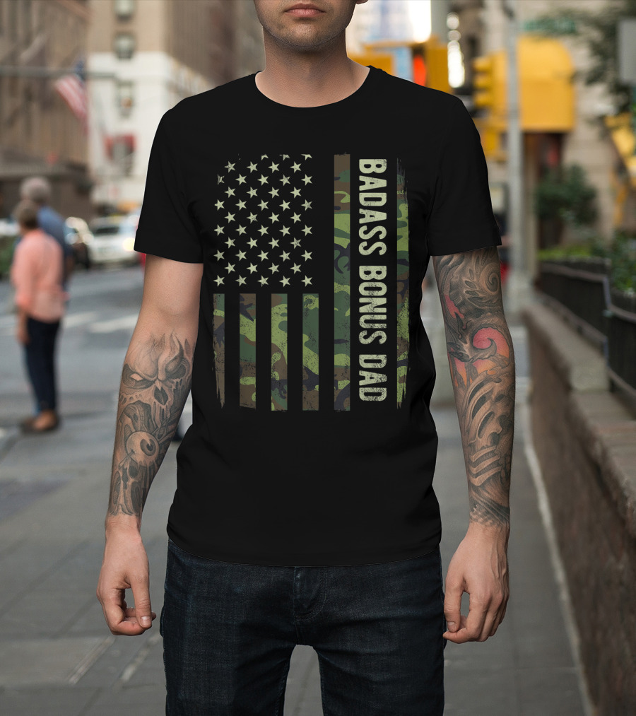 Badass Bonus Dad Camouflage American Flag T-Shirt