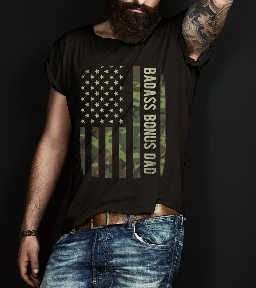 Badass Bonus Dad Camouflage American Flag T-Shirt