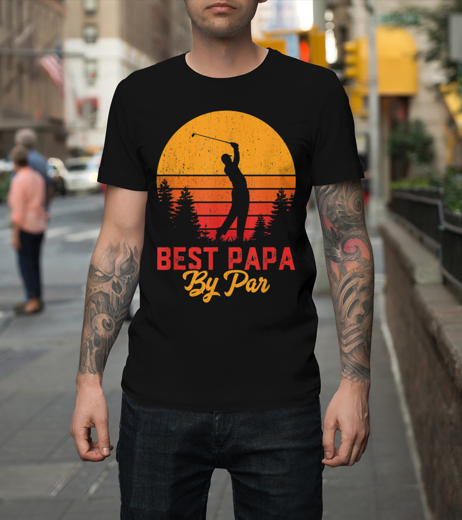 Mens Funny Father's Day Best Papa By Par Golf Silhouette Sunset T-Shirt