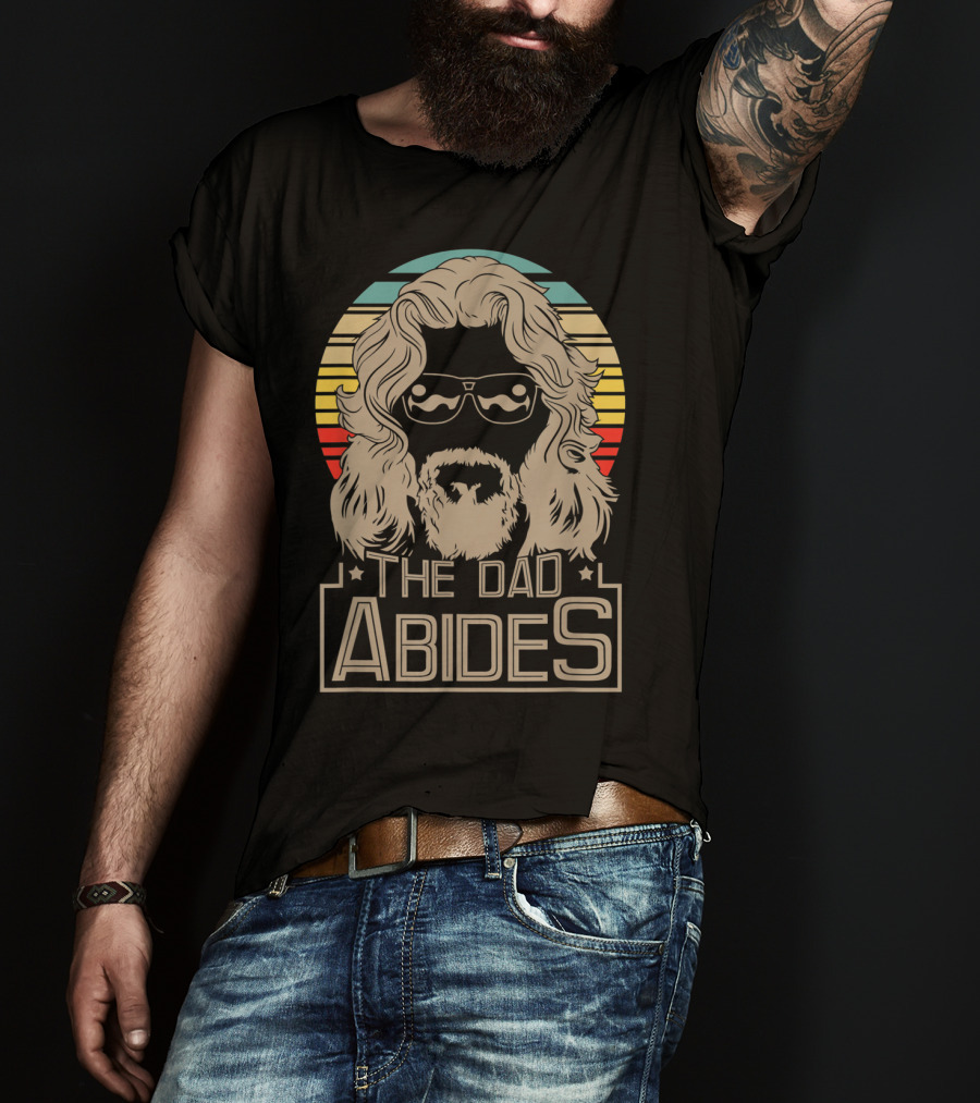 Mens The Dad Abides Retro Style Rainbow Circle Sunglasses And Long Hair T-Shirt