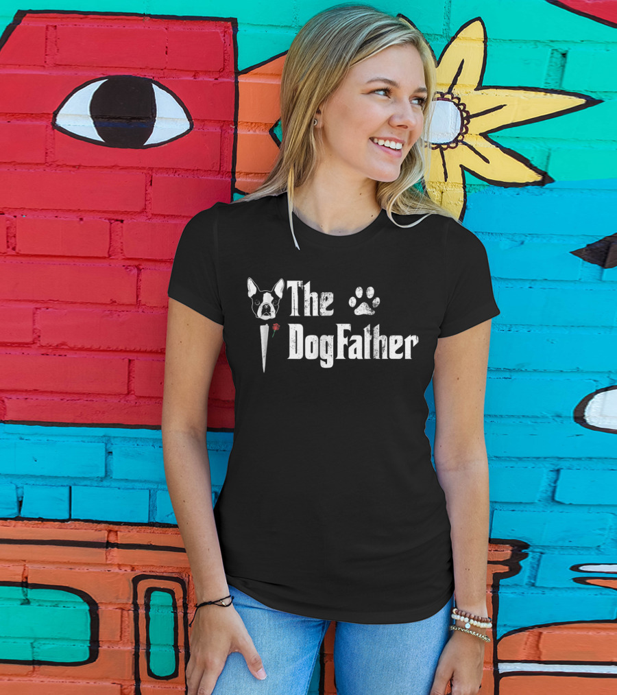 The Dogfather Boston Terrier Dog Dad Paw Print And Rose T-Shirt