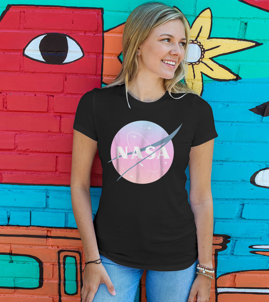 NASA Pastel Rainbow Classic Logo Pink And Blue Ombre Circle With Stars T-Shirt