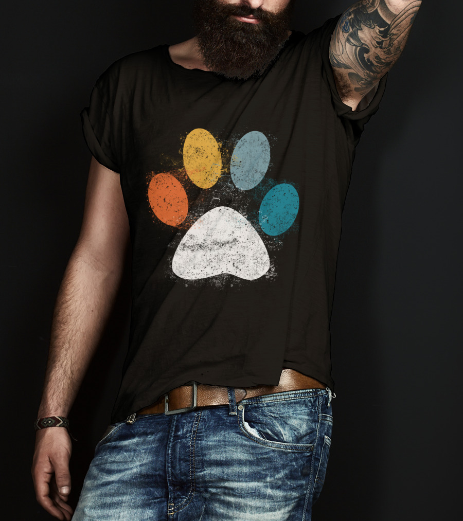 Vintage Distressed Multi-Color Dog Paw Print Love T-Shirt