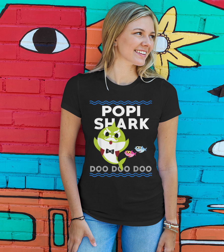 Popi Shark Doo Doo Doo Mustached Bowtie Shark With Cute Colorful Fish T-Shirt