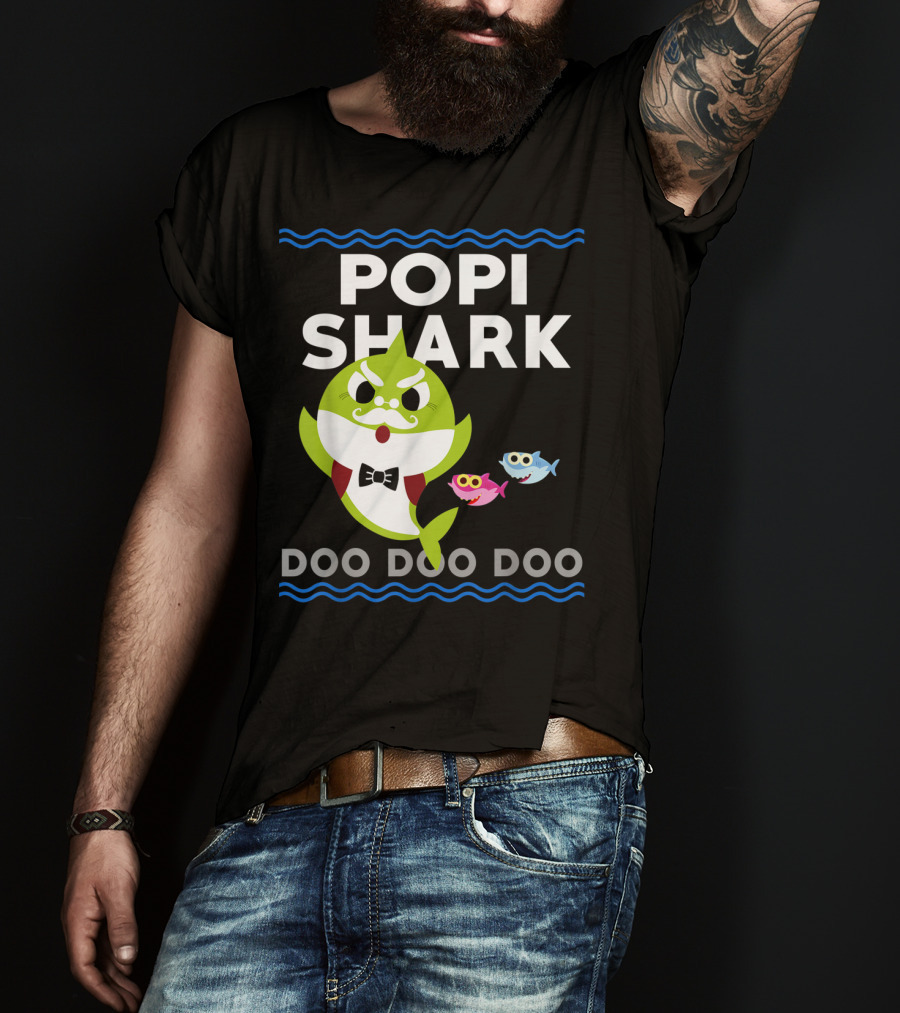 Popi Shark Doo Doo Doo Mustached Bowtie Shark With Cute Colorful Fish T-Shirt