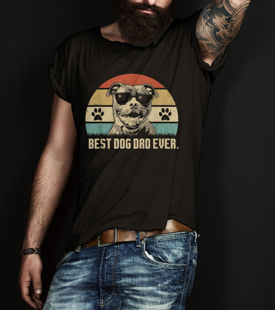 Vintage Best Dog Dad Ever Pitbull With Sunglasses And Paw Prints T-Shirt