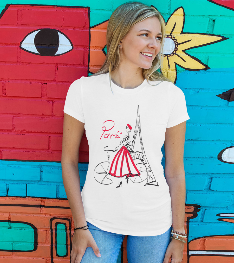 Paris Bicycle Woman With Eiffel Tower In Red Dress T-Shirt